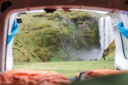 Looking out a tent at Sk&oacute;gafoss, Iceland