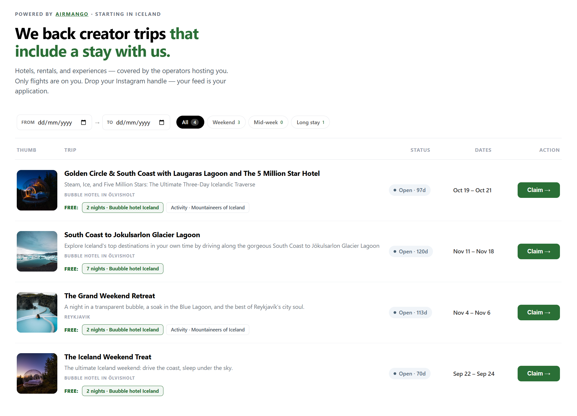 The Buubble Collab Board showing open creator trips ready to claim