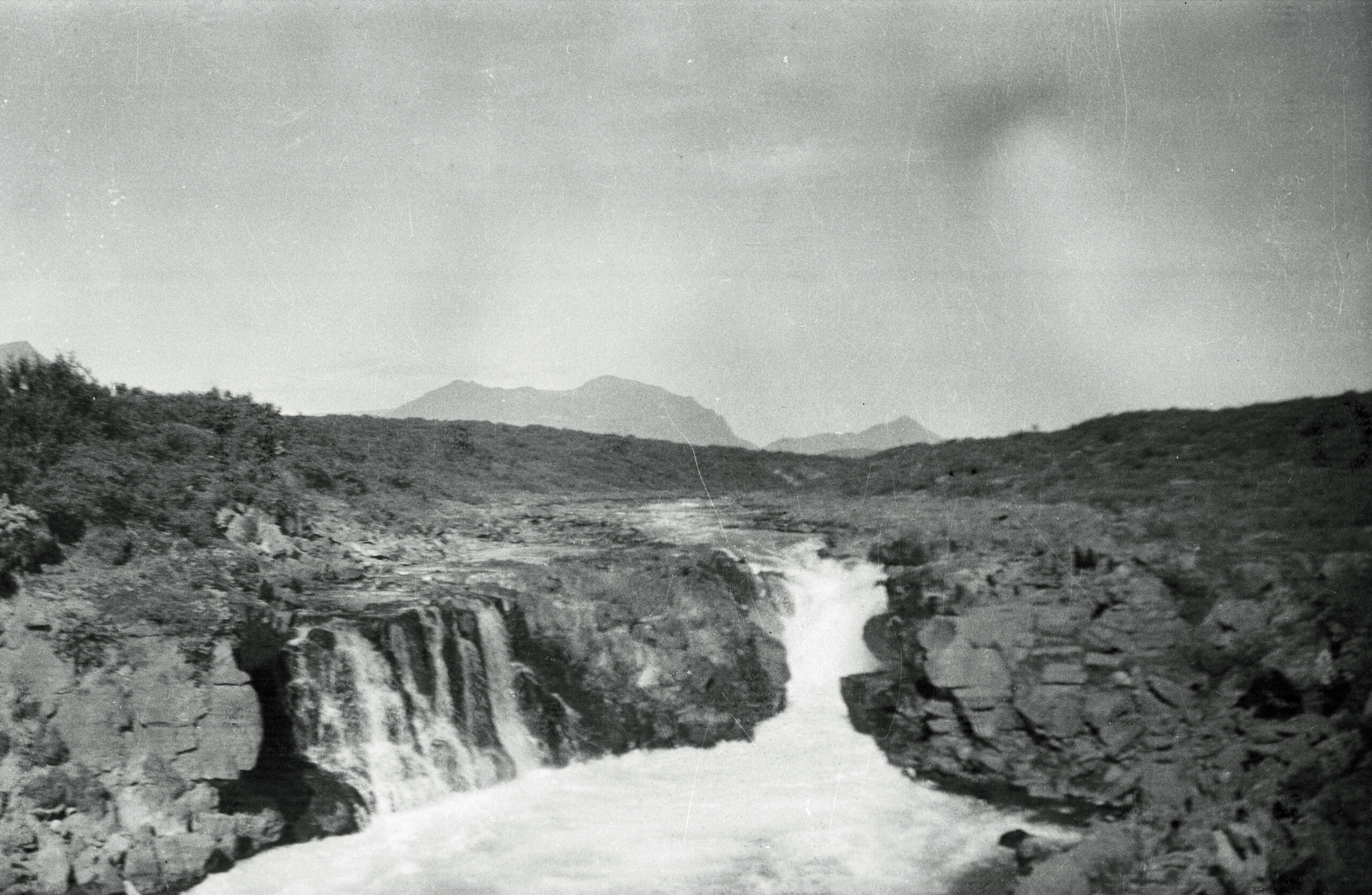 Brúarfoss around 1950, photographed from a position over the river below the falls — family archive photograph.