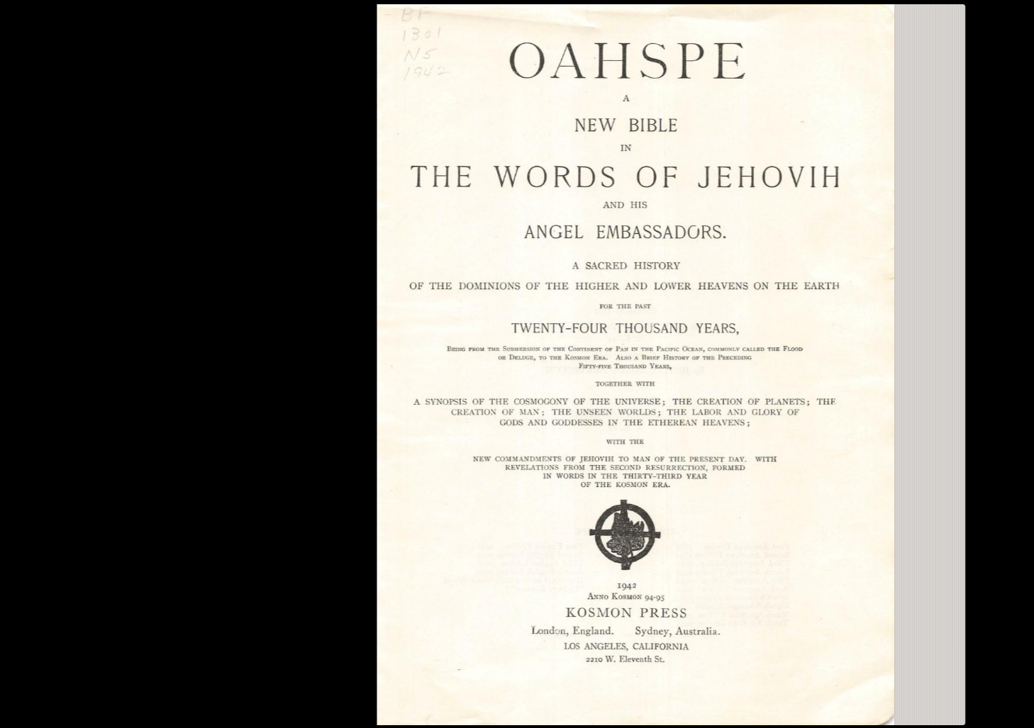 Title page of Oahspe: A New Bible, 1942 Kosmon Press edition — public domain.